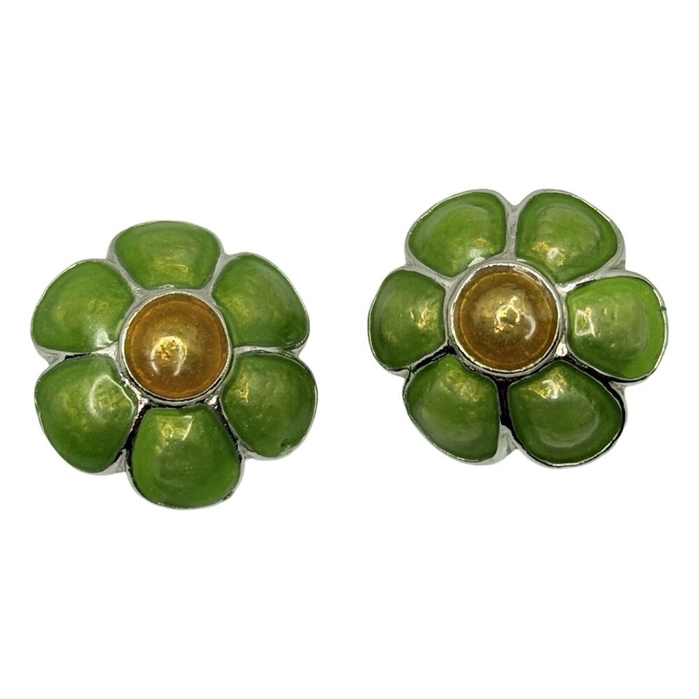 VTG Green Daisy Flower Button Clip On Earrrings 1" Silver Tone Spring Jewelry